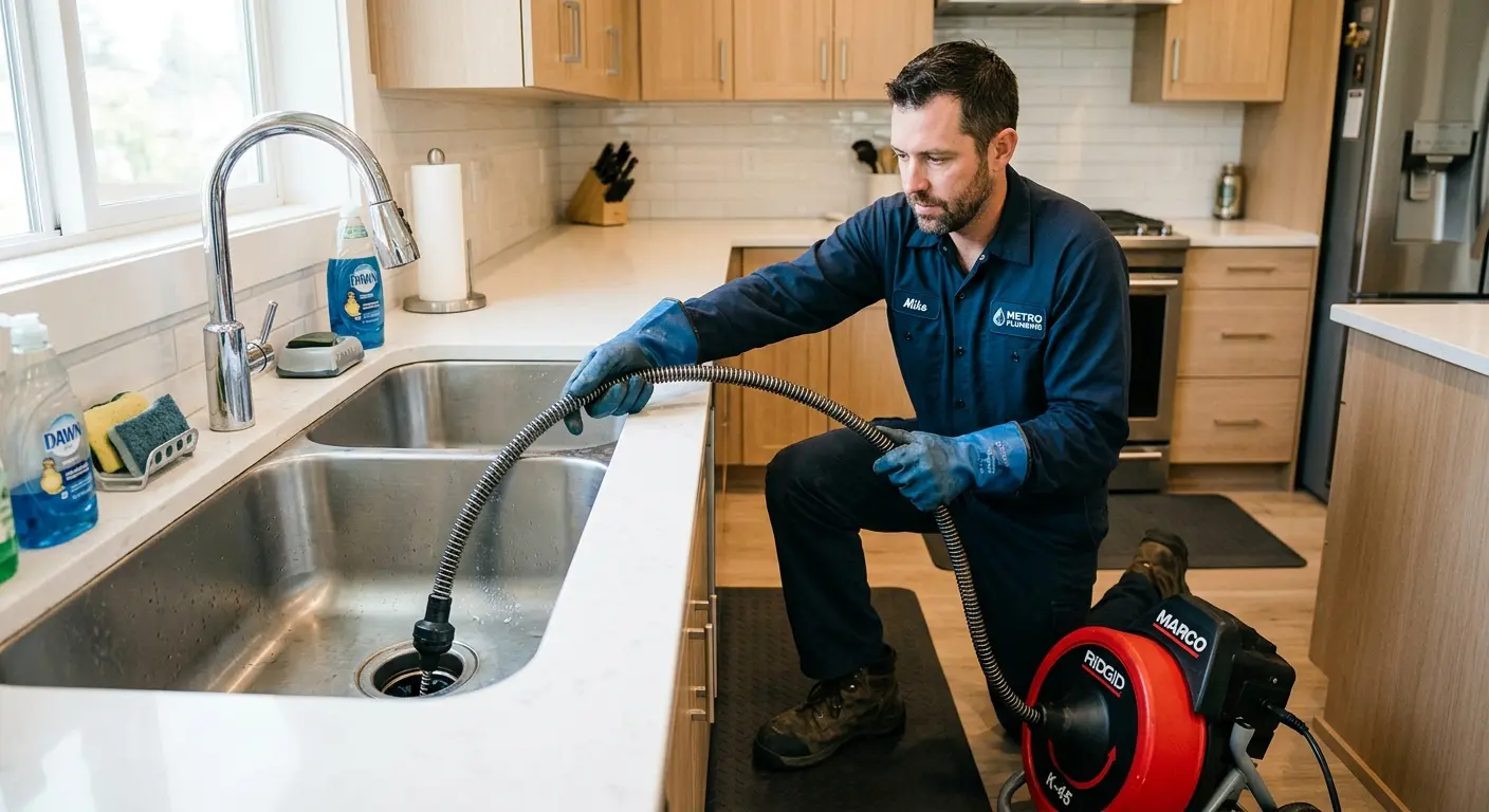 Drain cleaning technician using a motorized snake on a kitchen sink in Lakes of the Four Seasons