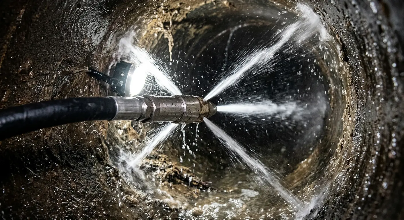 High-pressure hydro jetting nozzle cleaning sewer pipe for Trenchless Sewer Repair in Lakes of the Four Seasons