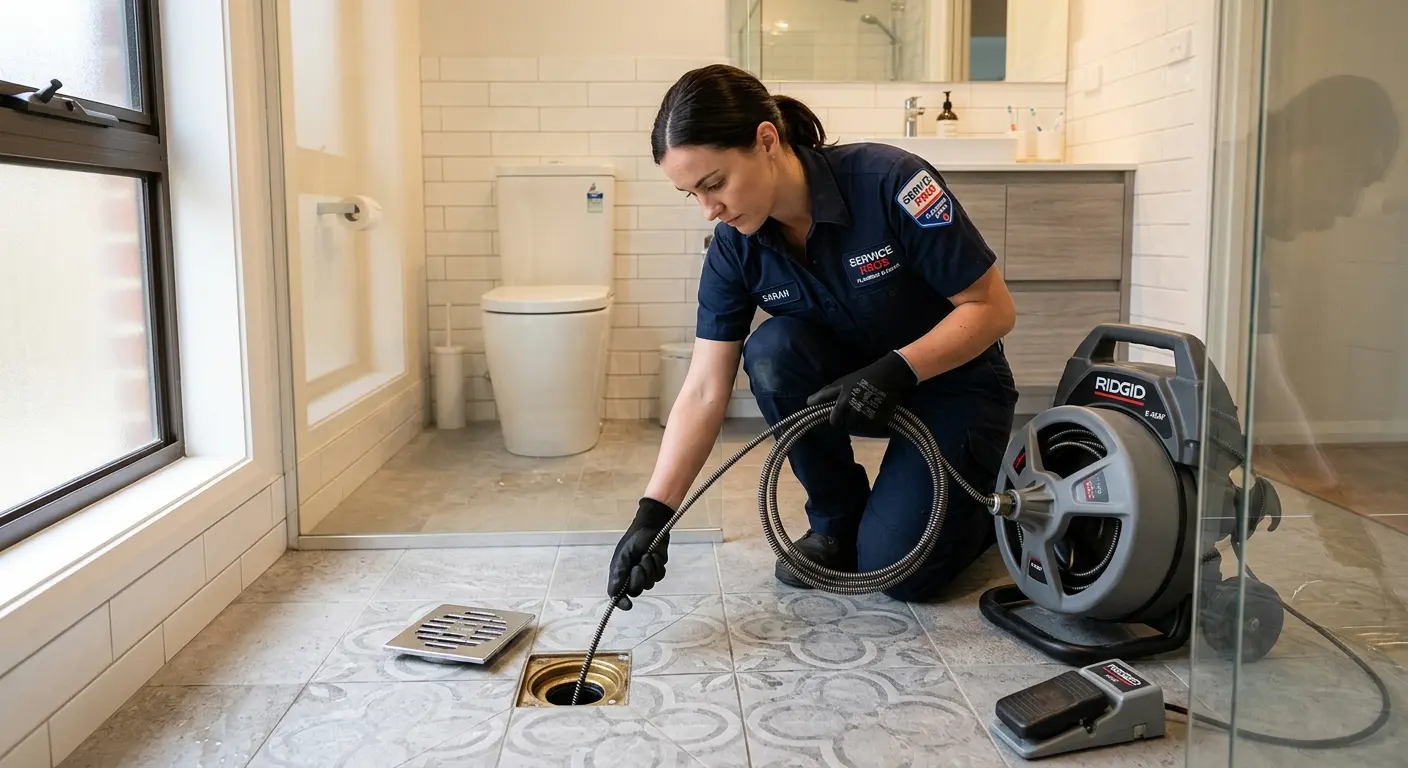 Technician clearing a bathroom floor drain for Clogged Drain Repair in Lakes of the Four Seasons